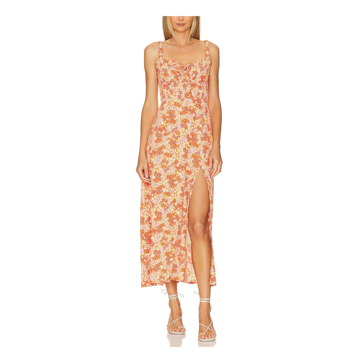 Astr The Label Floral Orange Elsie Midi Dress Size XS