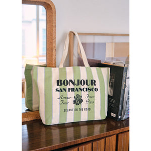 Sézane 'Bonjour' Green Canvas Tote Bag
