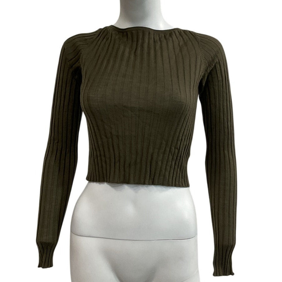 Atm Anthony Thomas Melillo Cropped Army Green Ribbed Crewneck Sweater Size S