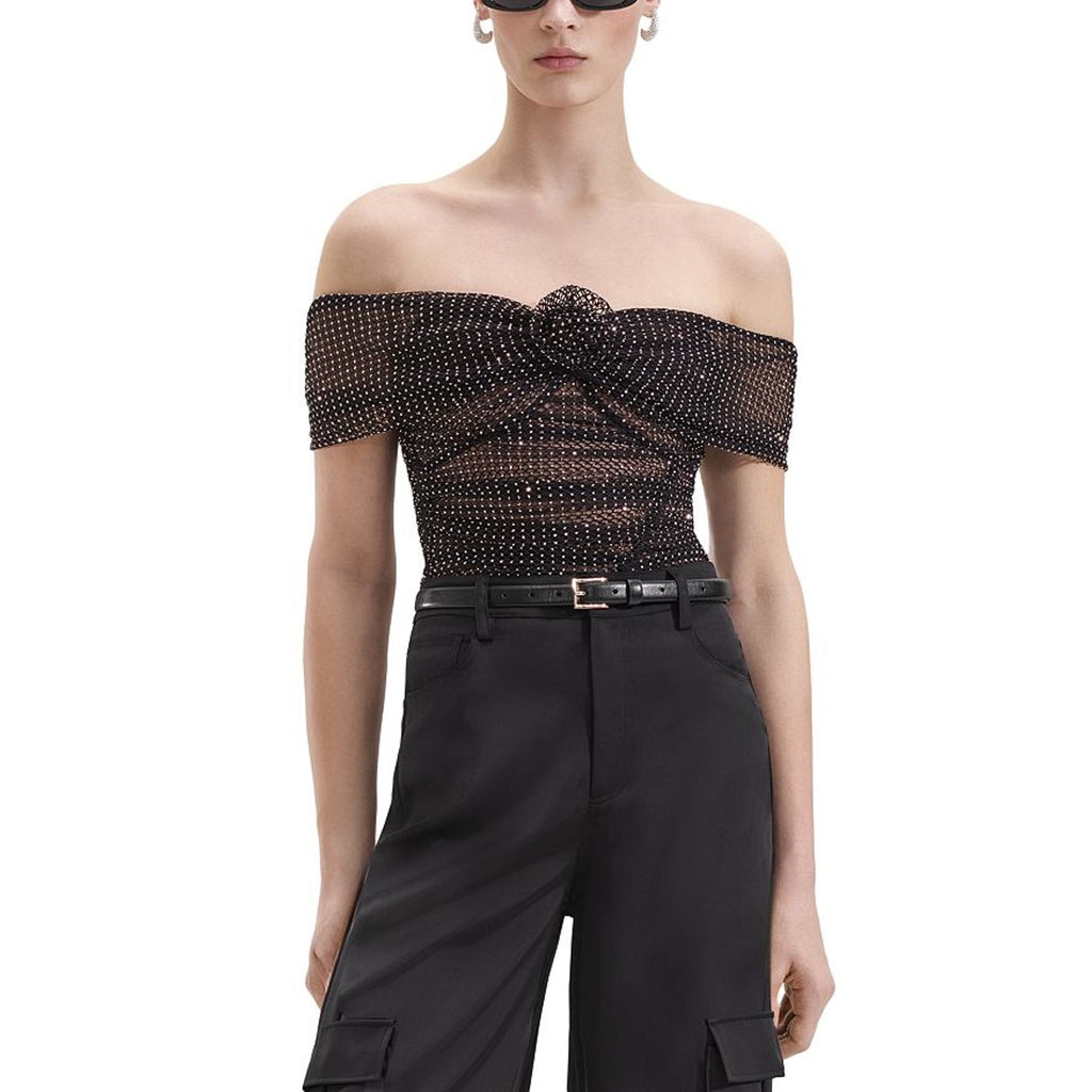 Self-Portrait Off-The-Shoulder Black Polyester Embellished Fishnet Top Size 12