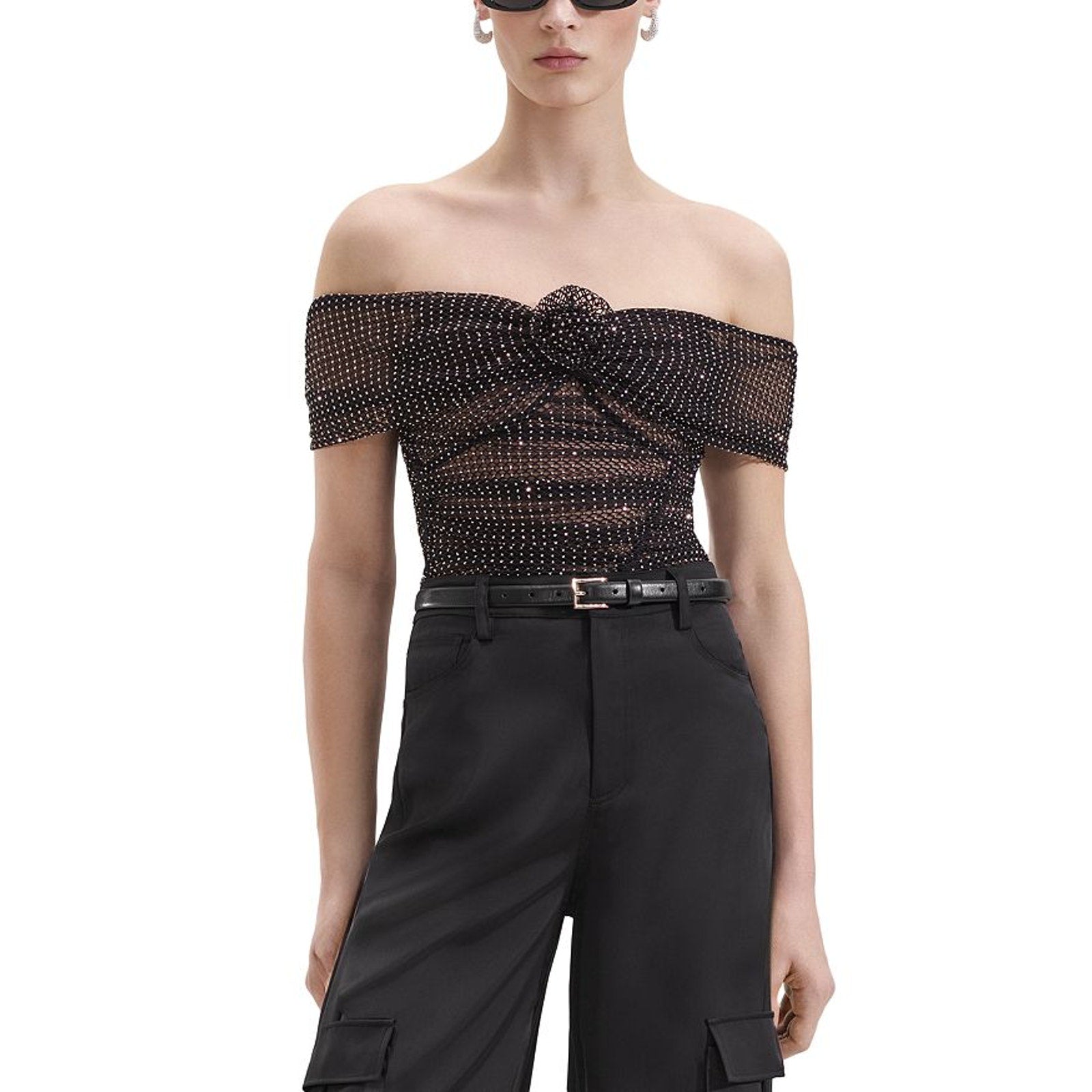 Self-Portrait Off-The-Shoulder Black Polyester Embellished Fishnet Top Size 12