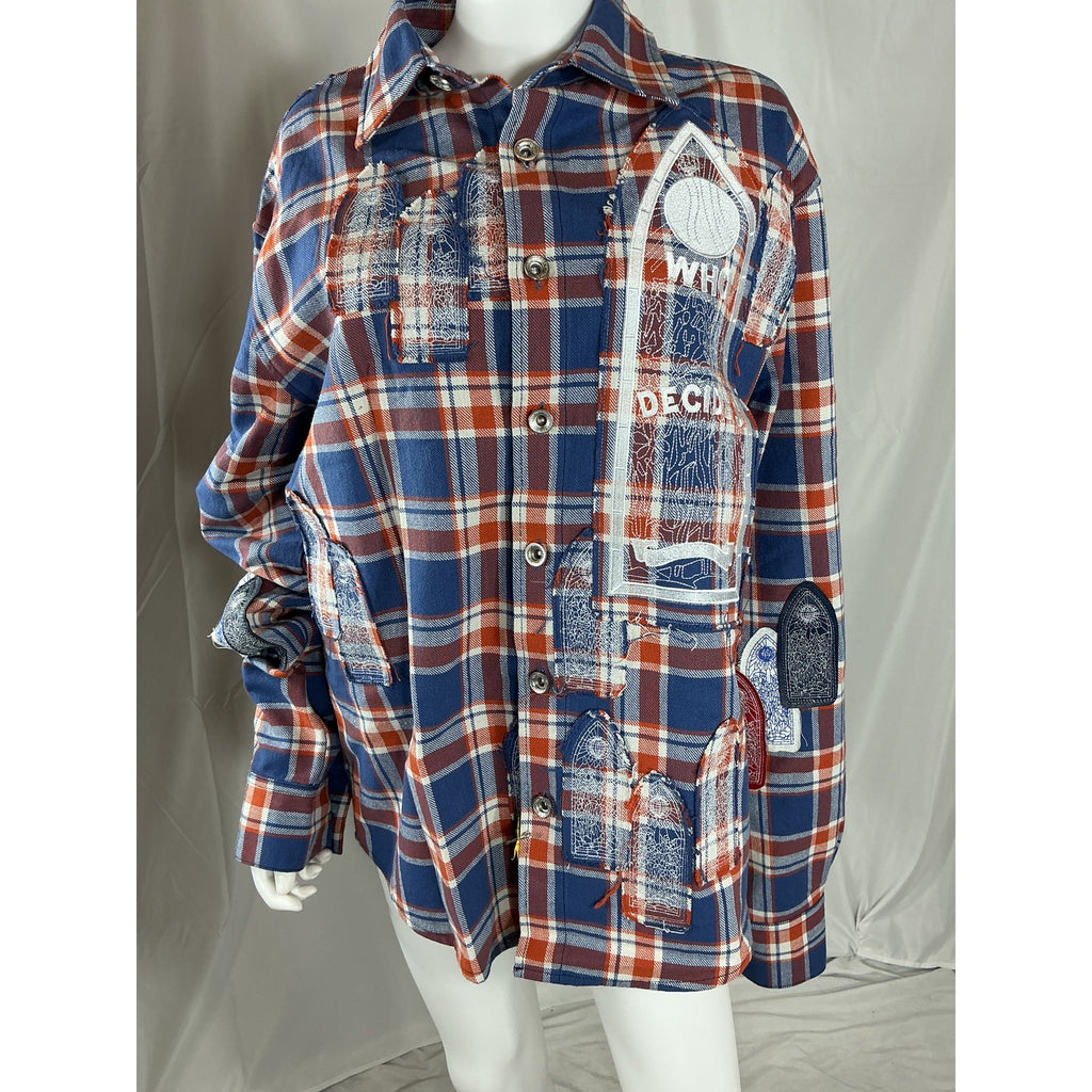 Who Decides War Glory Blue Cotton Patchwork Flannel Shirt Size XL