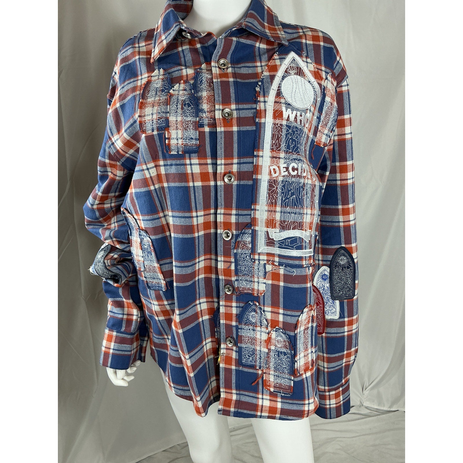 Who Decides War Glory Blue Cotton Patchwork Flannel Shirt Size XL