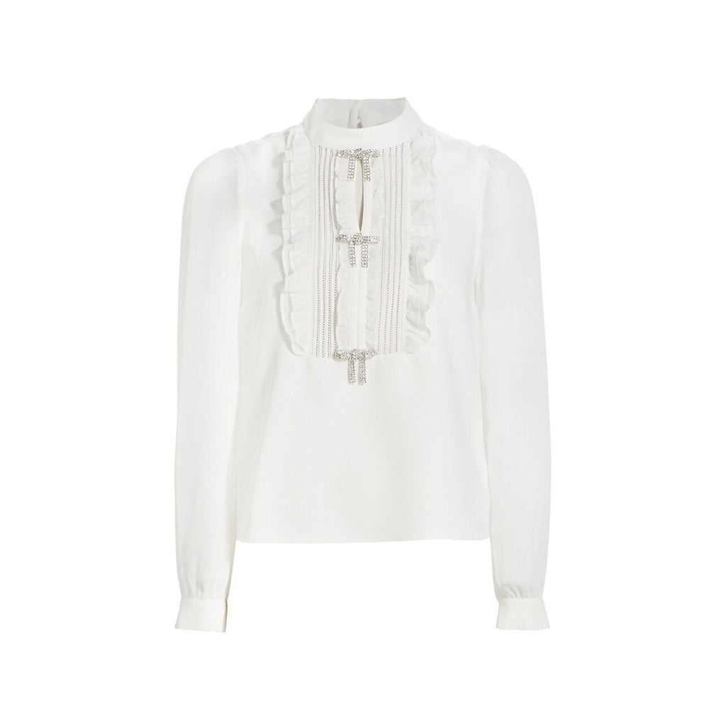 Self-Portrait 'Crystal' White Chiffon Embellished Bow Ruffled Bib Blouse Size 0