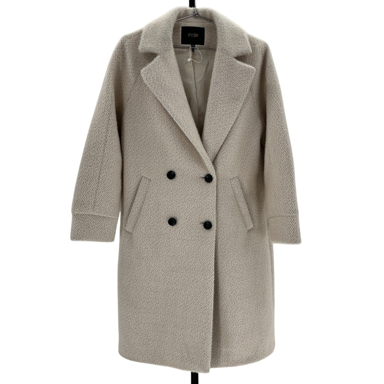 Maje 'Gabyna' Beige Polyester Double-Breasted Metallic Brushed Tweed Coat Size 38
