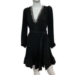 Neiman Marcus Crystal Embellished Black V Neck Pleated Mini Dress Size 4