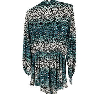 Retrofête Silk Teal Leopard Collared Dress Size L