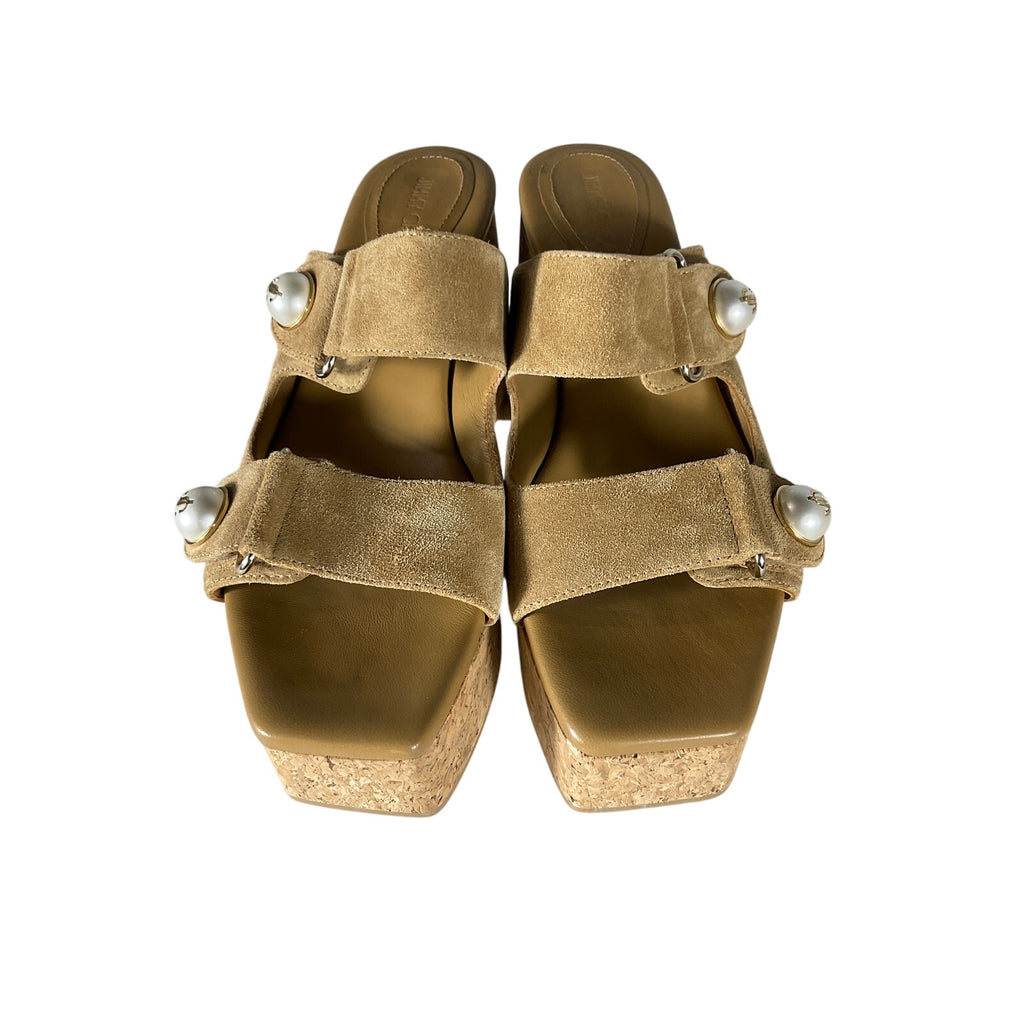 Jimmy Choo 'Fayence' Tan Suede 95 Faux Pearl-Embellished Suede Platform Mules Size 9