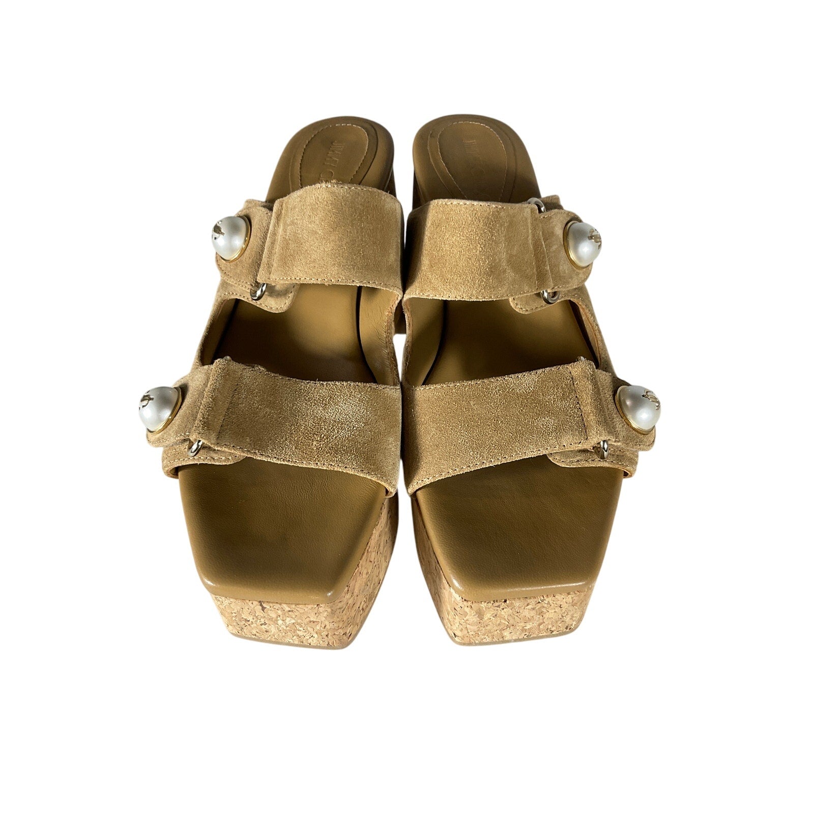 Jimmy Choo 'Fayence' Tan Suede 95 Faux Pearl-Embellished Suede Platform Mules Size 9