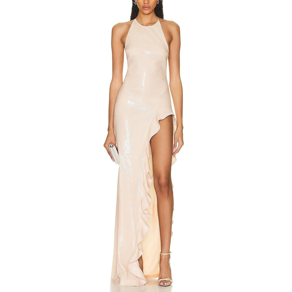 David Koma 'Ruffle' Tan Open Leg Sequin Gown Size 2 - NWT