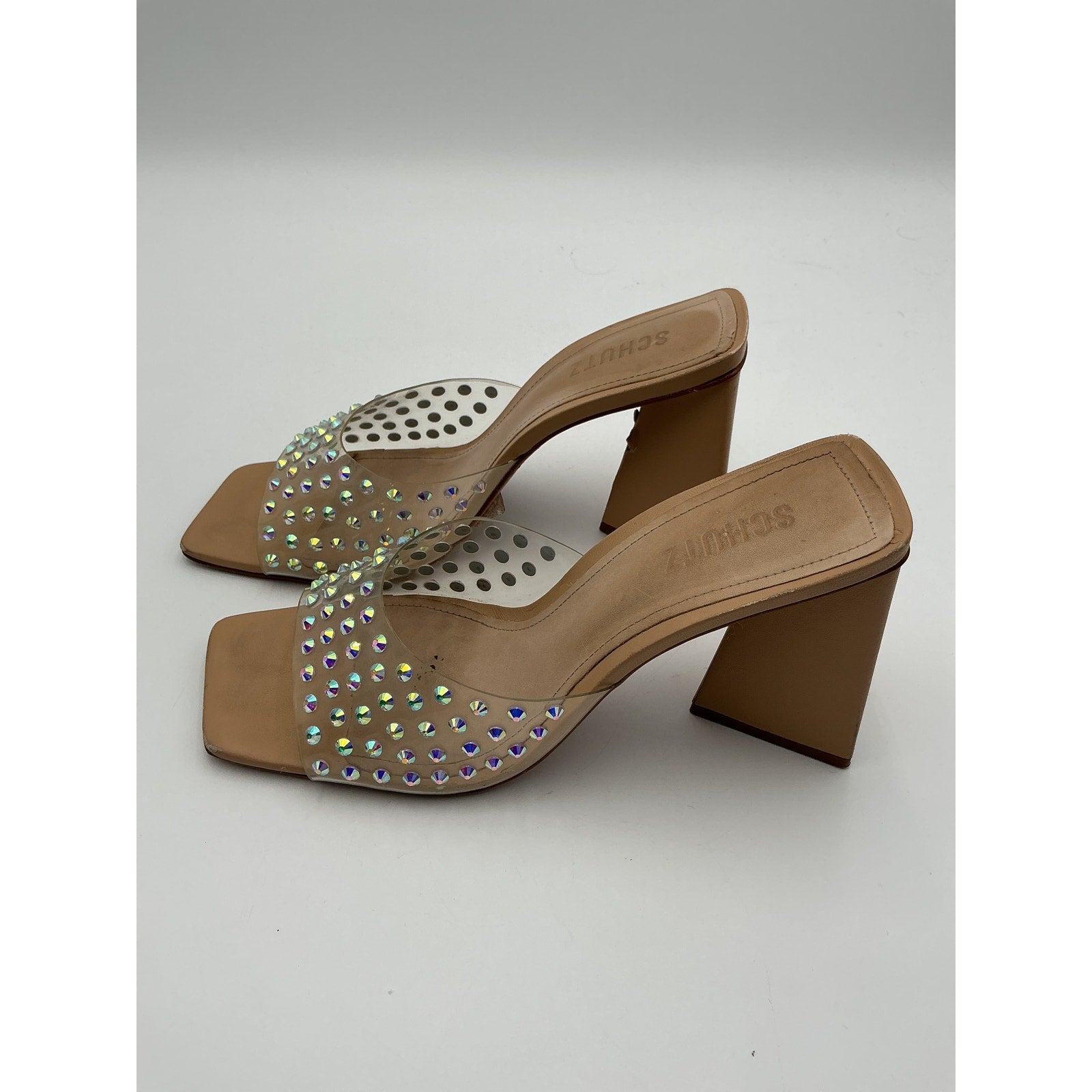 Schutz 'Lizah' Beige Leather Crystal Mule Size 10