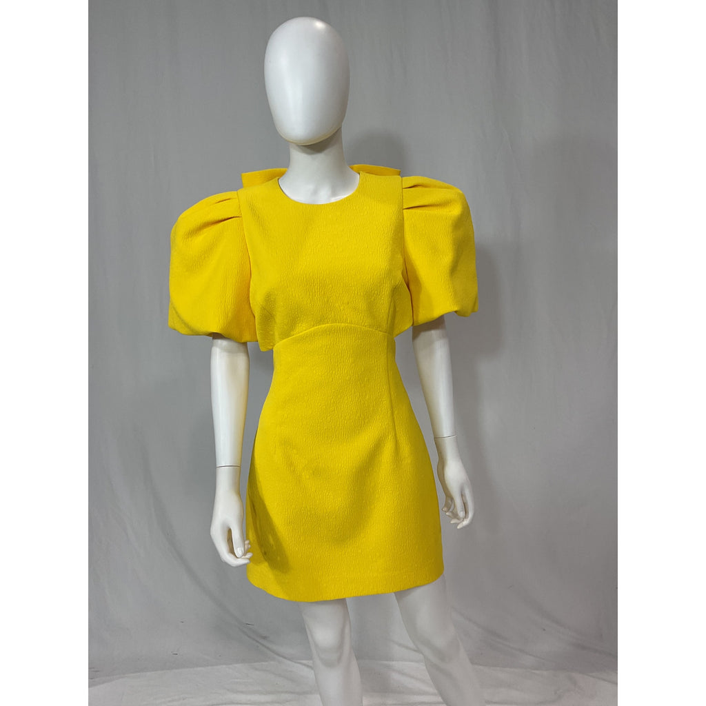 Rebecca Vallance 'Jaclyn' Yellow Round Neck Short Puff Sleeve Back Bow Cut Out Mini Dress Size 10