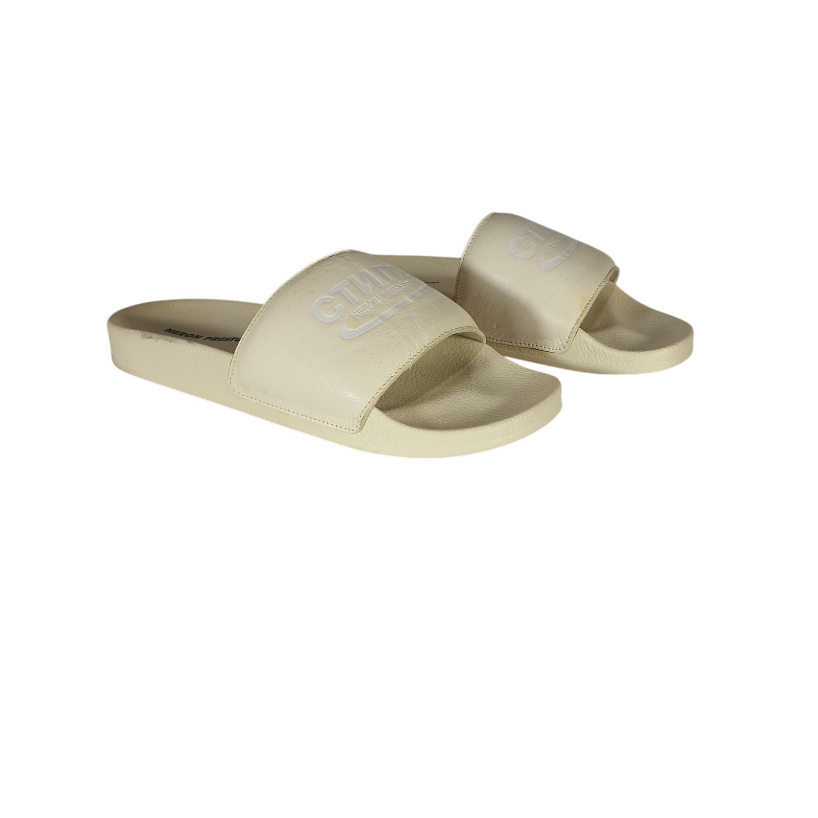 Heron Preston Cream Leather Logo Pool Slides Size 12