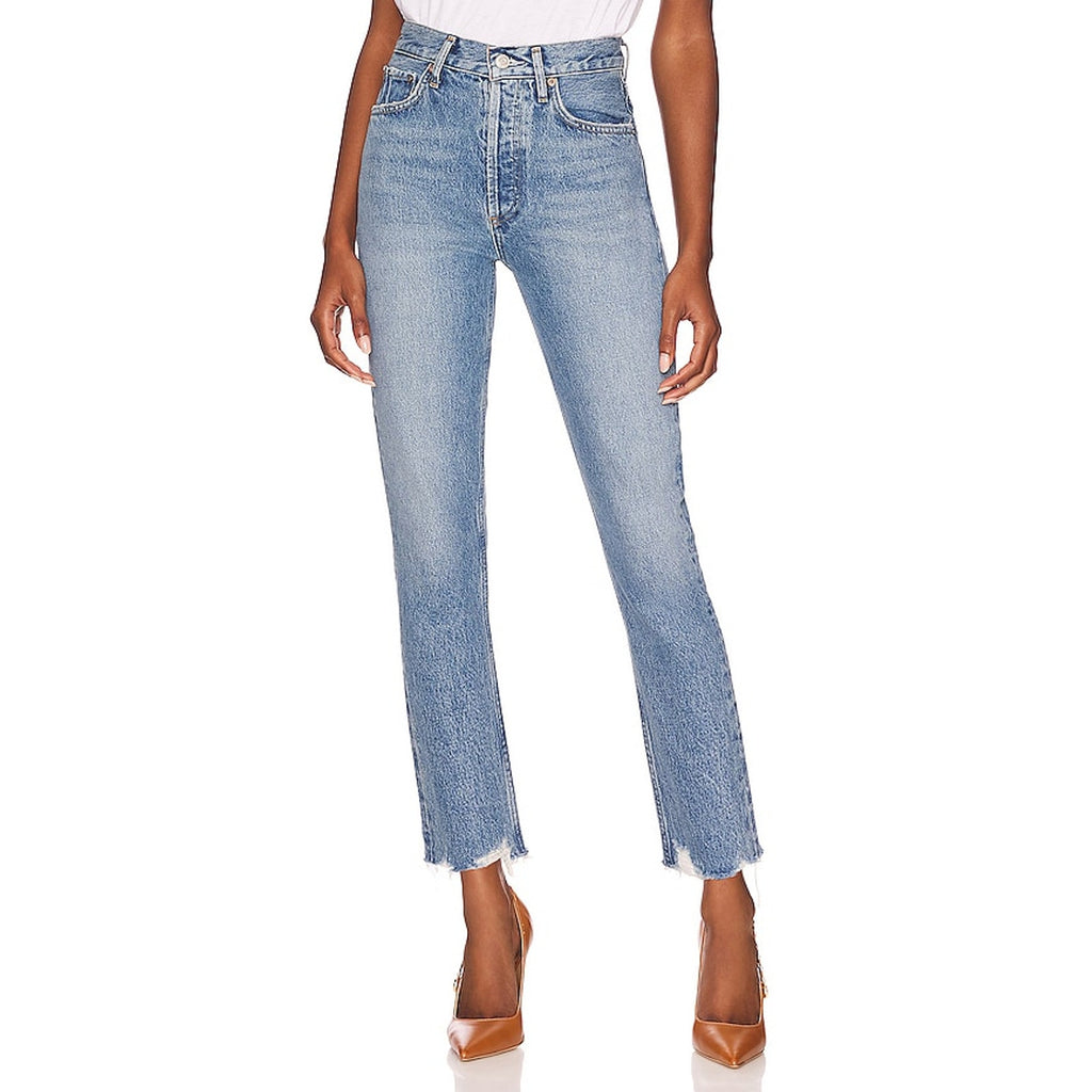 Agolde Riley High Rise Blue Cotton Straight Crop Denim Jeans Size 27