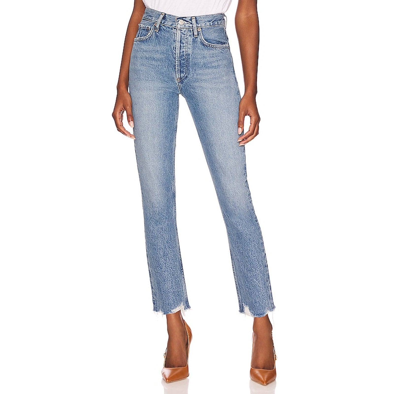 Agolde Riley High Rise Blue Cotton Straight Crop Denim Jeans Size 27