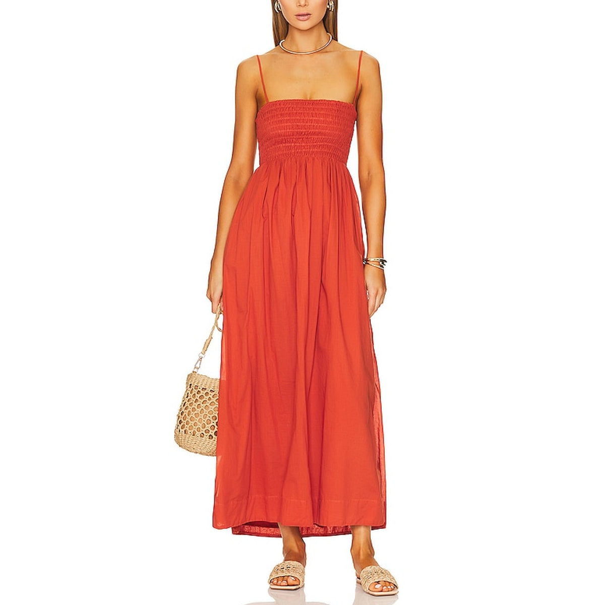 Faithfull The Brand Strappy Orange Smocked Bodice Dress Size M
