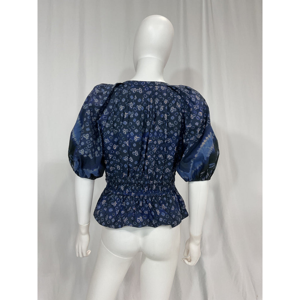 Ulla Johnson 'Ines' Blue Tye Dye Geometric  Ruched V Neck Puff Sleeve Top Size 6