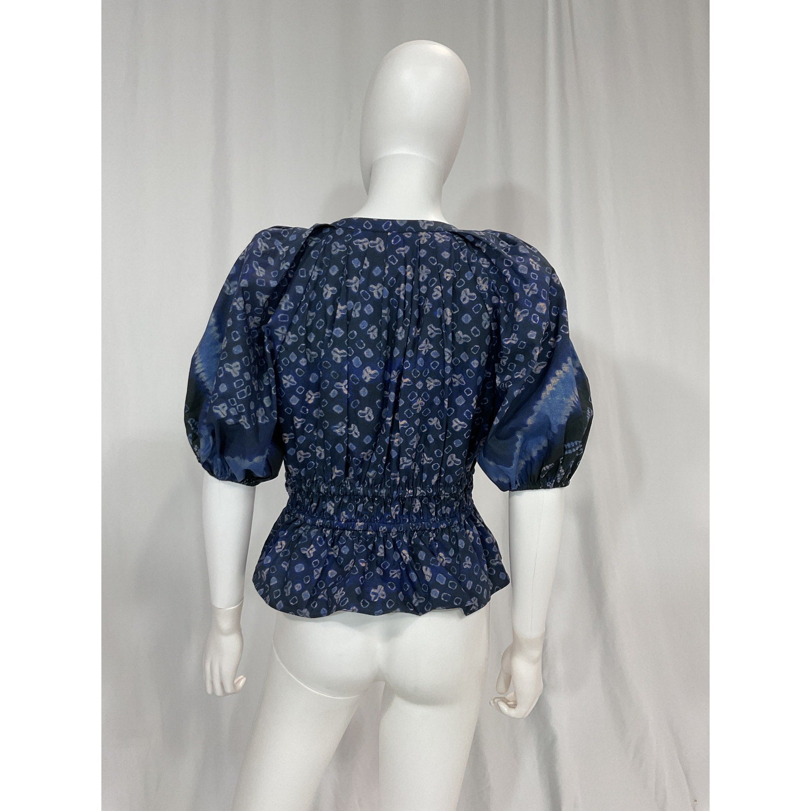 Ulla Johnson 'Ines' Blue Tye Dye Geometric  Ruched V Neck Puff Sleeve Top Size 6
