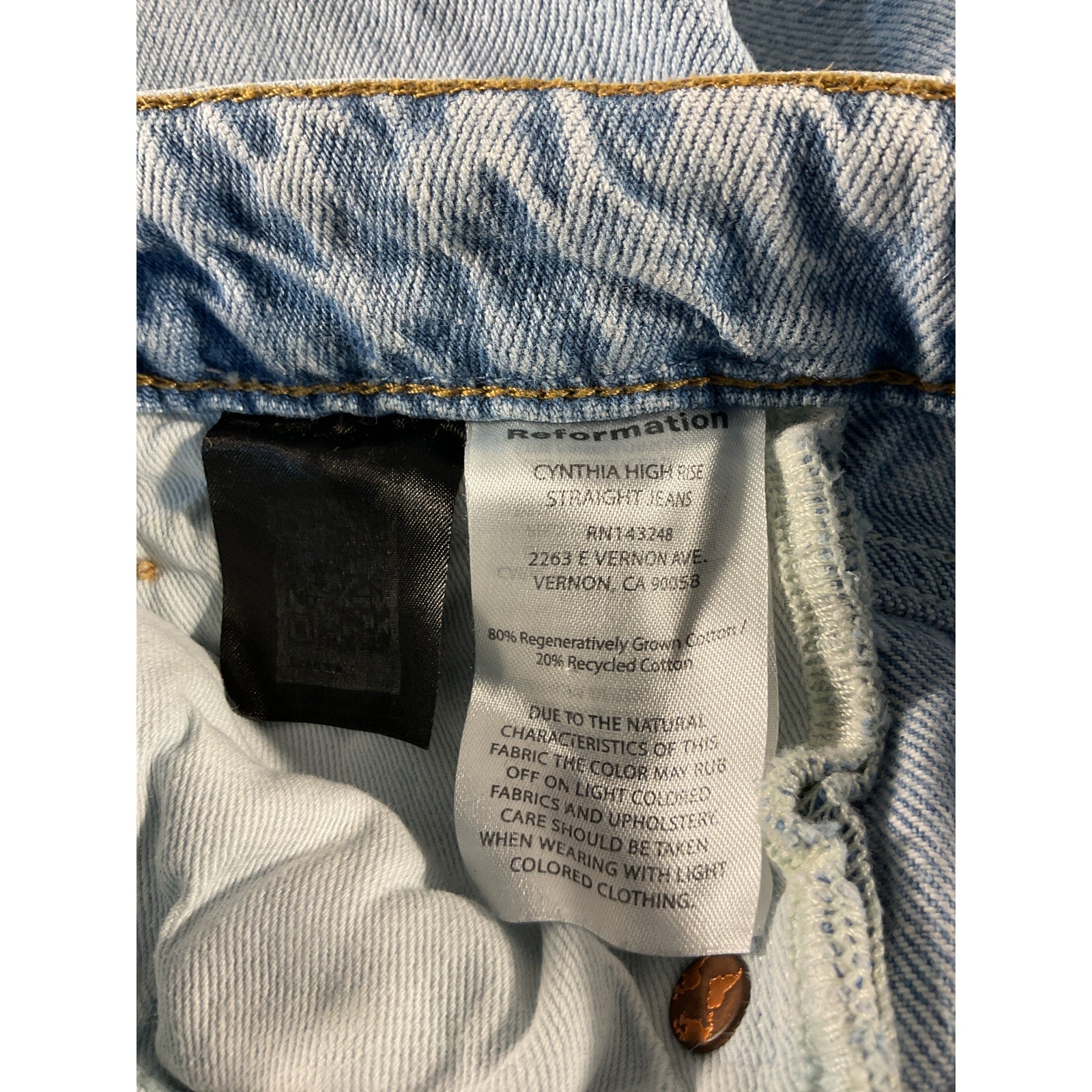 Reformation 'Cynthia' Blue High Rise Straight Denim Jeans Size 27