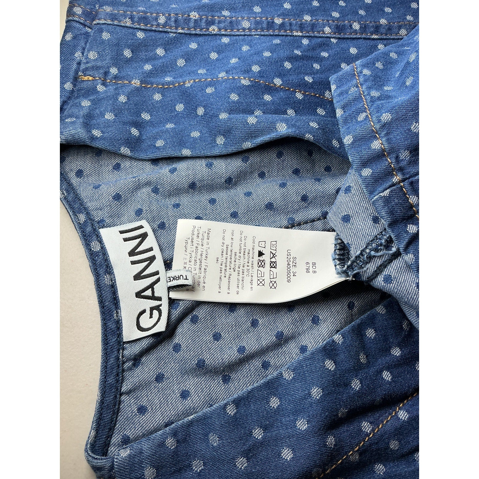 Ganni Polka-Dot Blue Cotton Denim-Jacquard Mini Dress Size 34