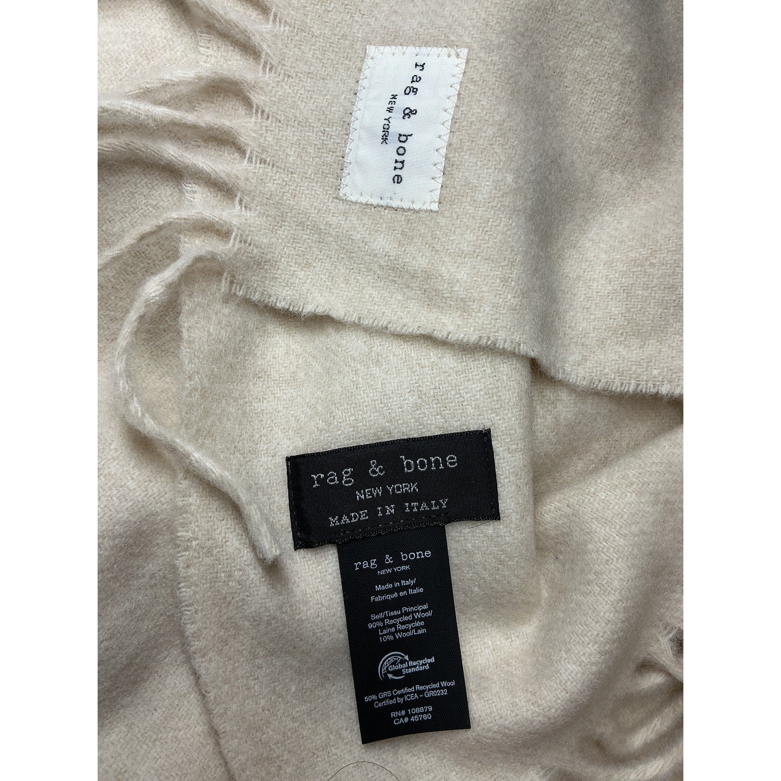 Rag & Bone Recycled White Wool Mercer Classic Scarf Size OS
