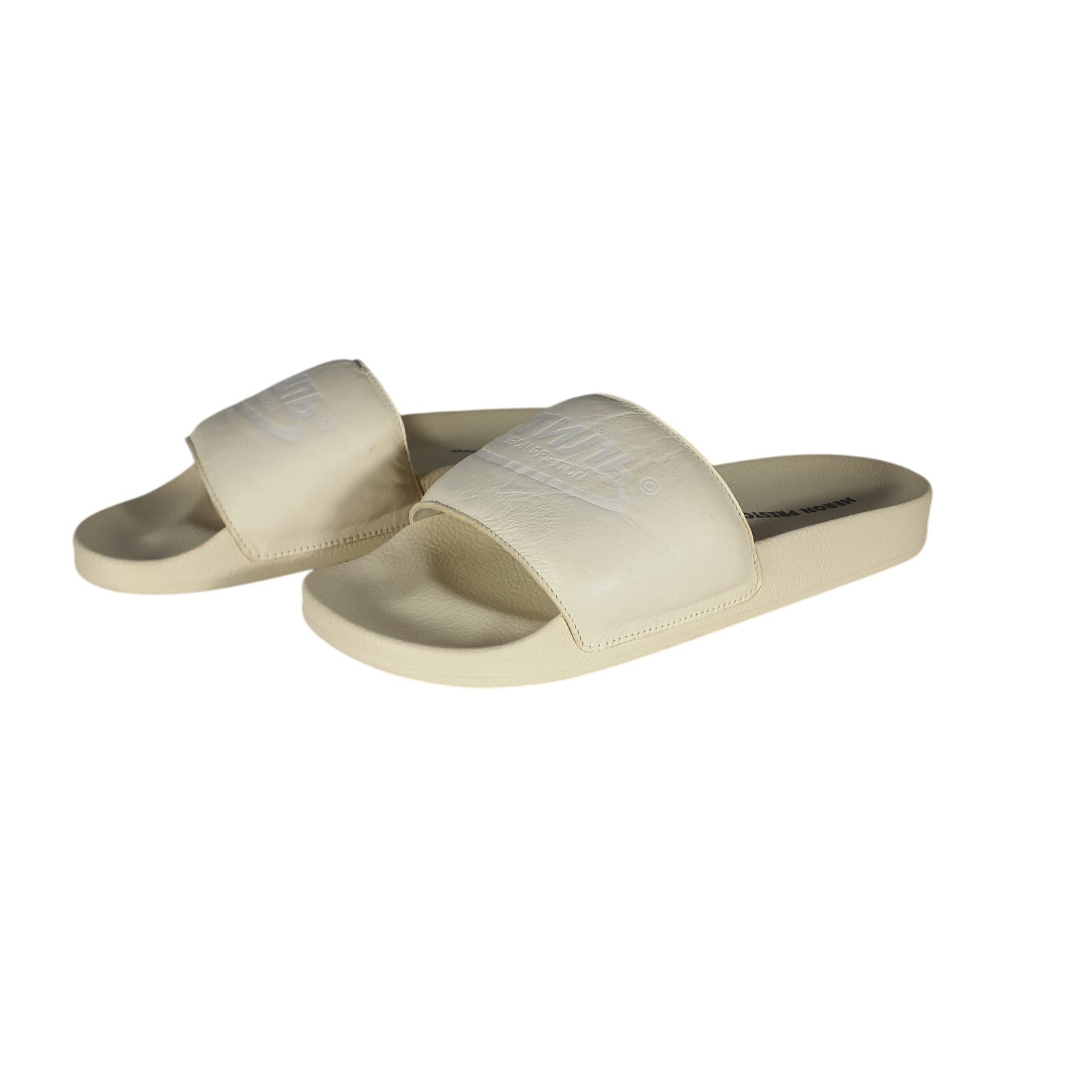 Heron Preston Cream Leather Logo Pool Slides Size 12