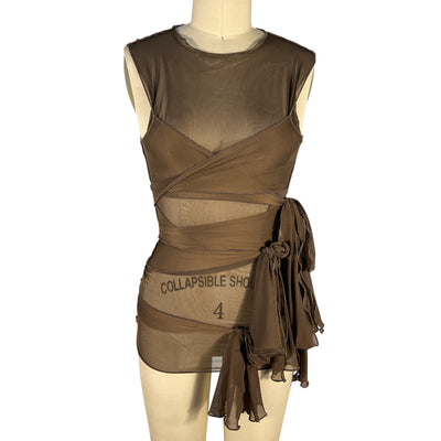 Kim Shui Sheer Brown Jersey Wrap Top Size S