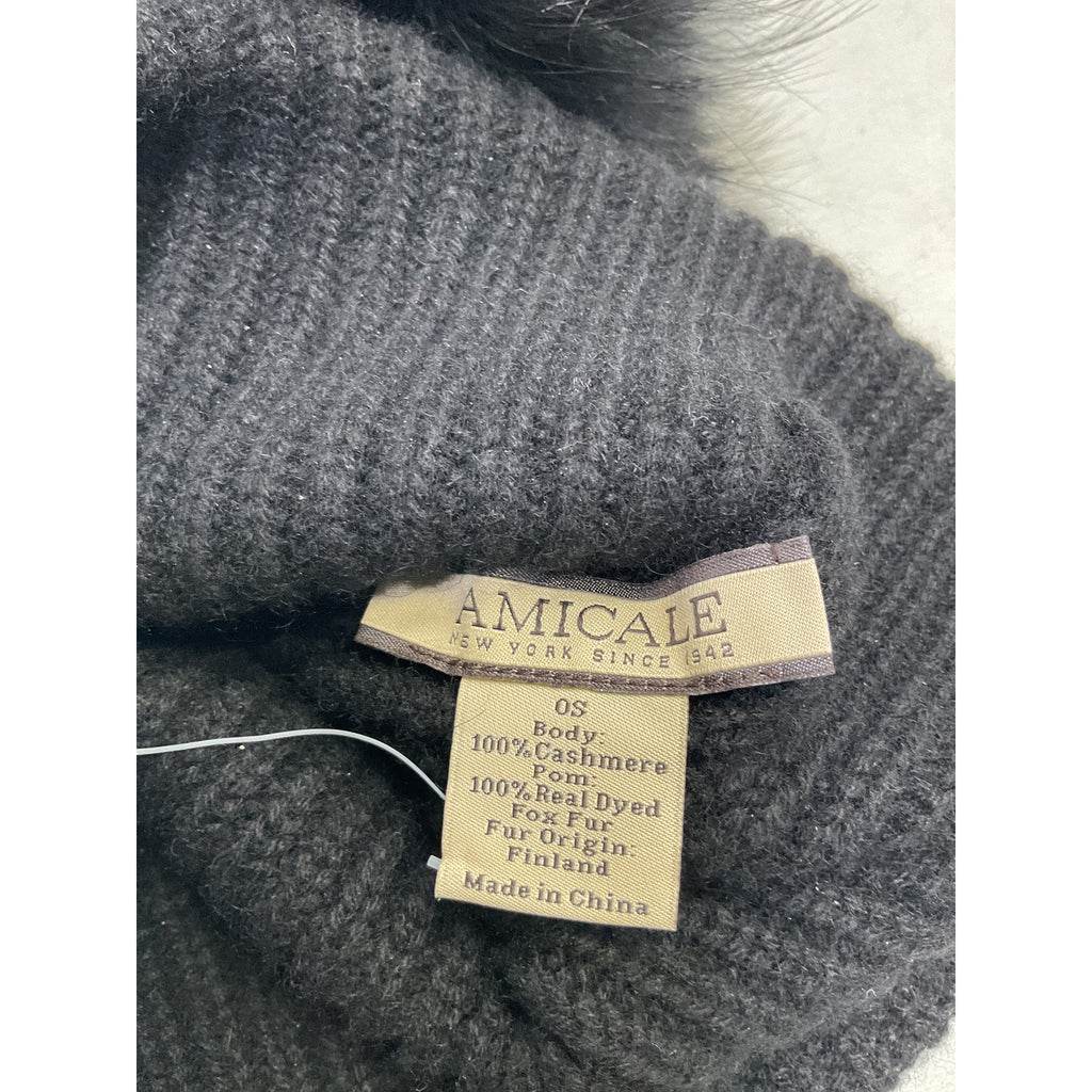 Amicale Cashmere & Fox Fur Black Pom-Pom Beanie Size OS