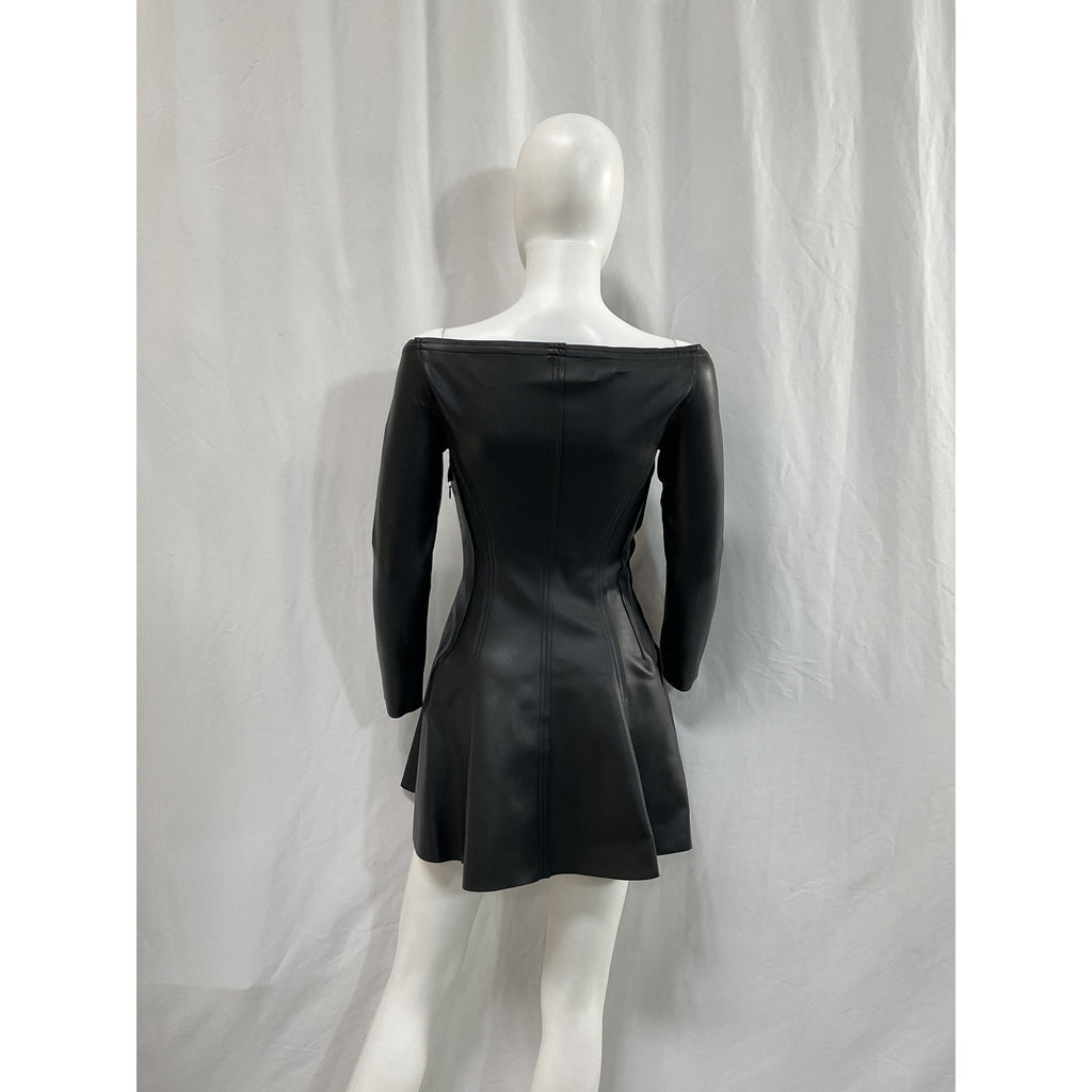 Norma Kamali x Revolve Black Faux Leather Off Shoulder 'Grace' Mini Dress Size M