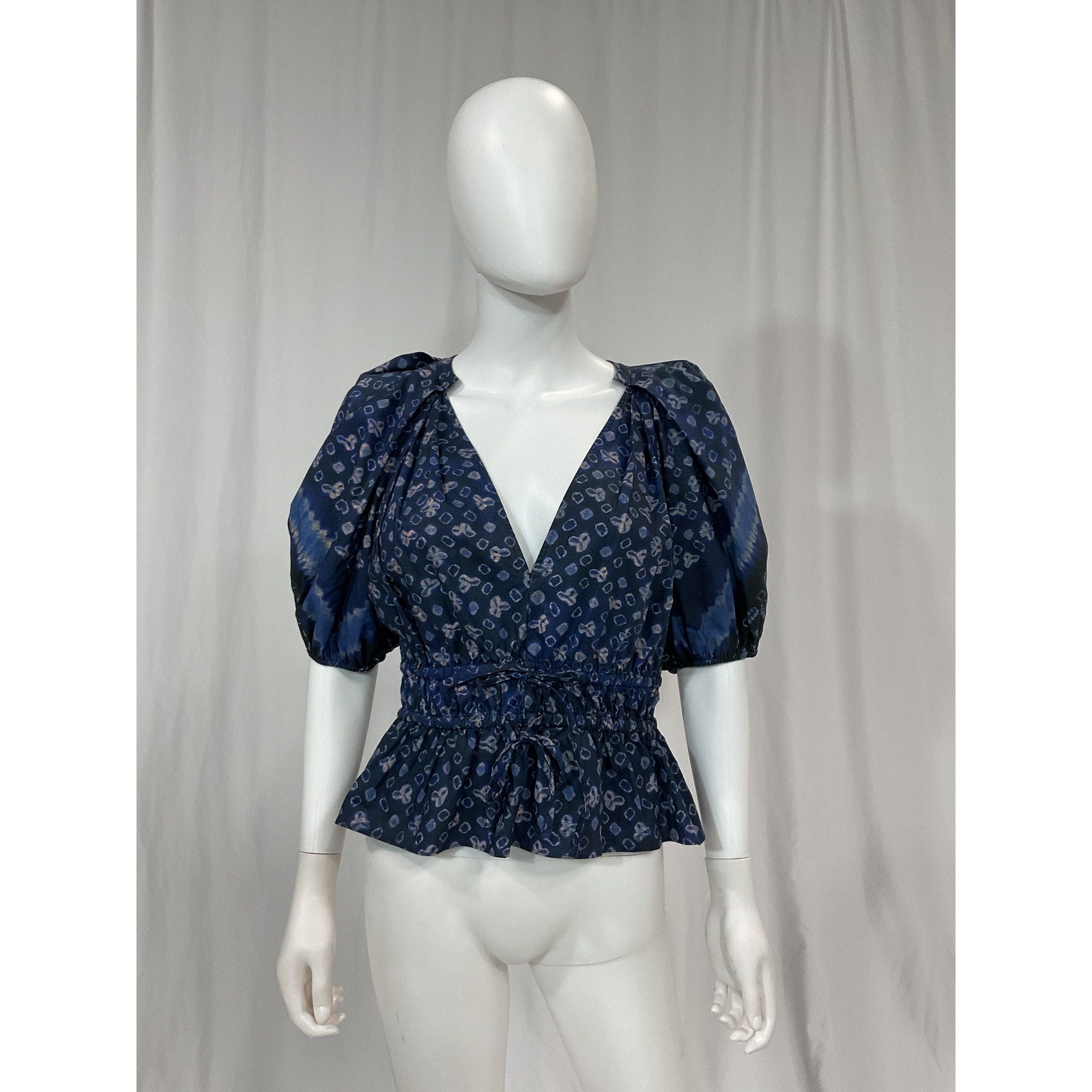 Ulla Johnson 'Ines' Blue Tye Dye Geometric  Ruched V Neck Puff Sleeve Top Size 6