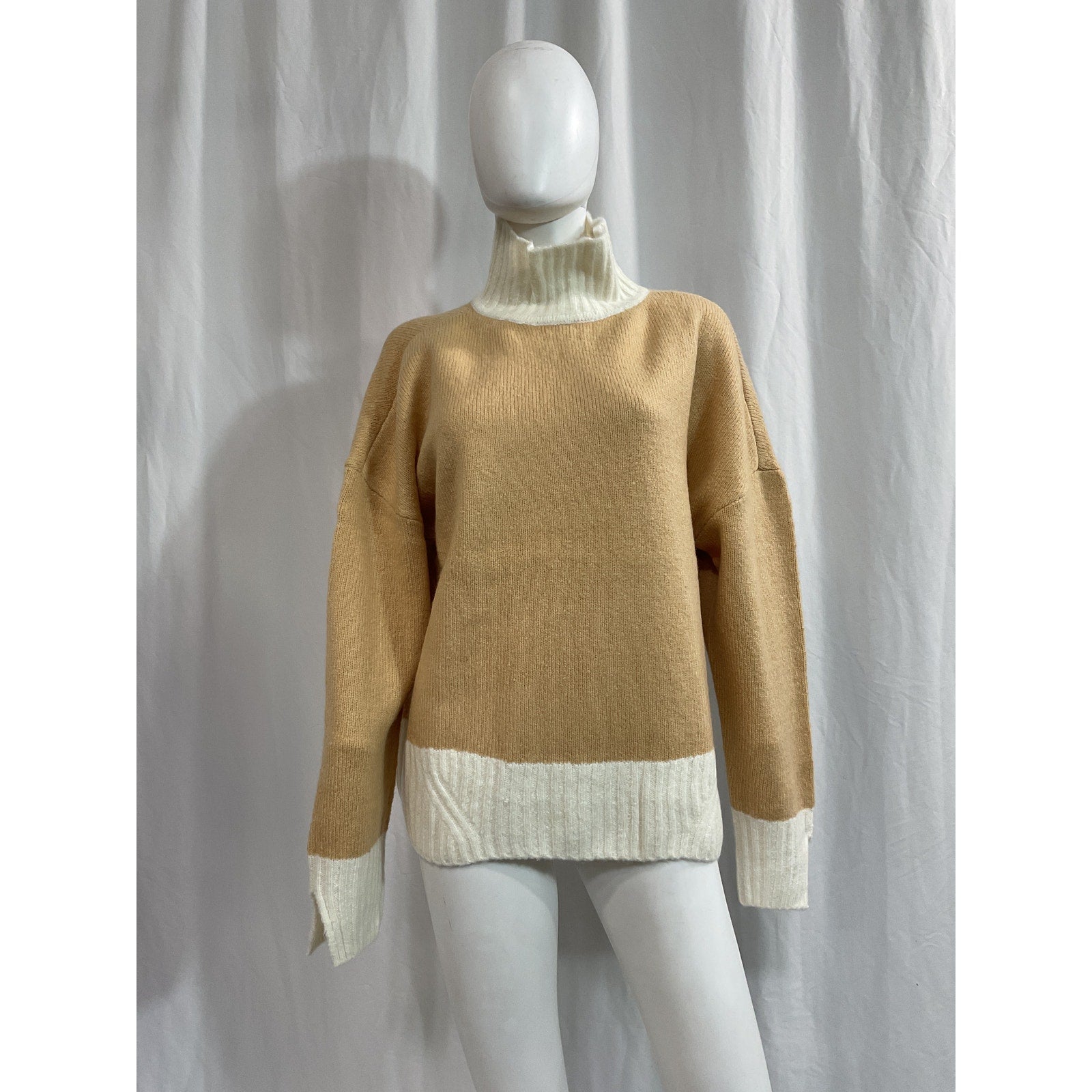 Favorite Daughter 'The Andi' Beige Contrast Rib Turtleneck Wool & Cashmere Blend Sweater Size M - NWT