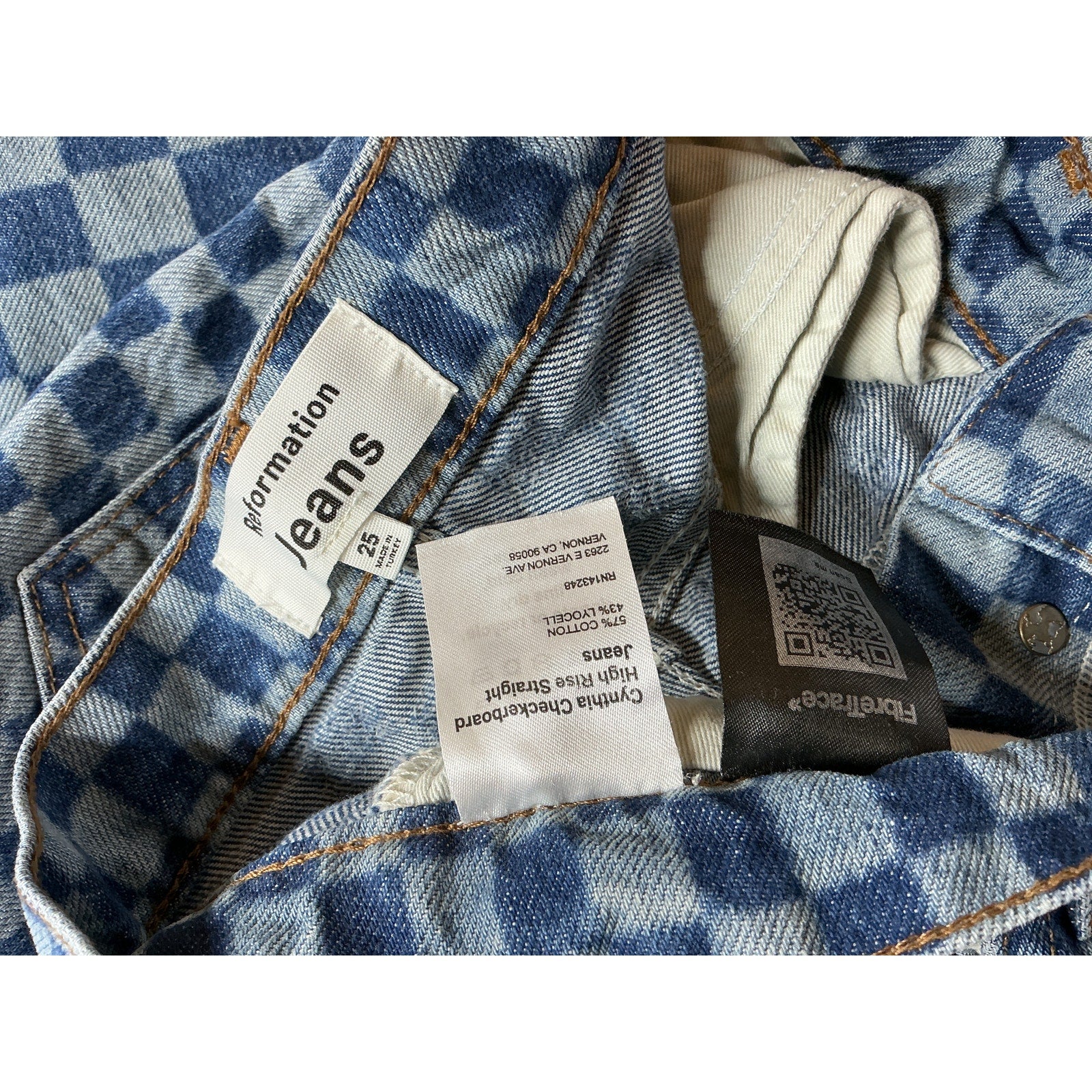 Reformation 'Cynthia' Blue Cotton Checkerboard High Rise Straight Jeans Size 25