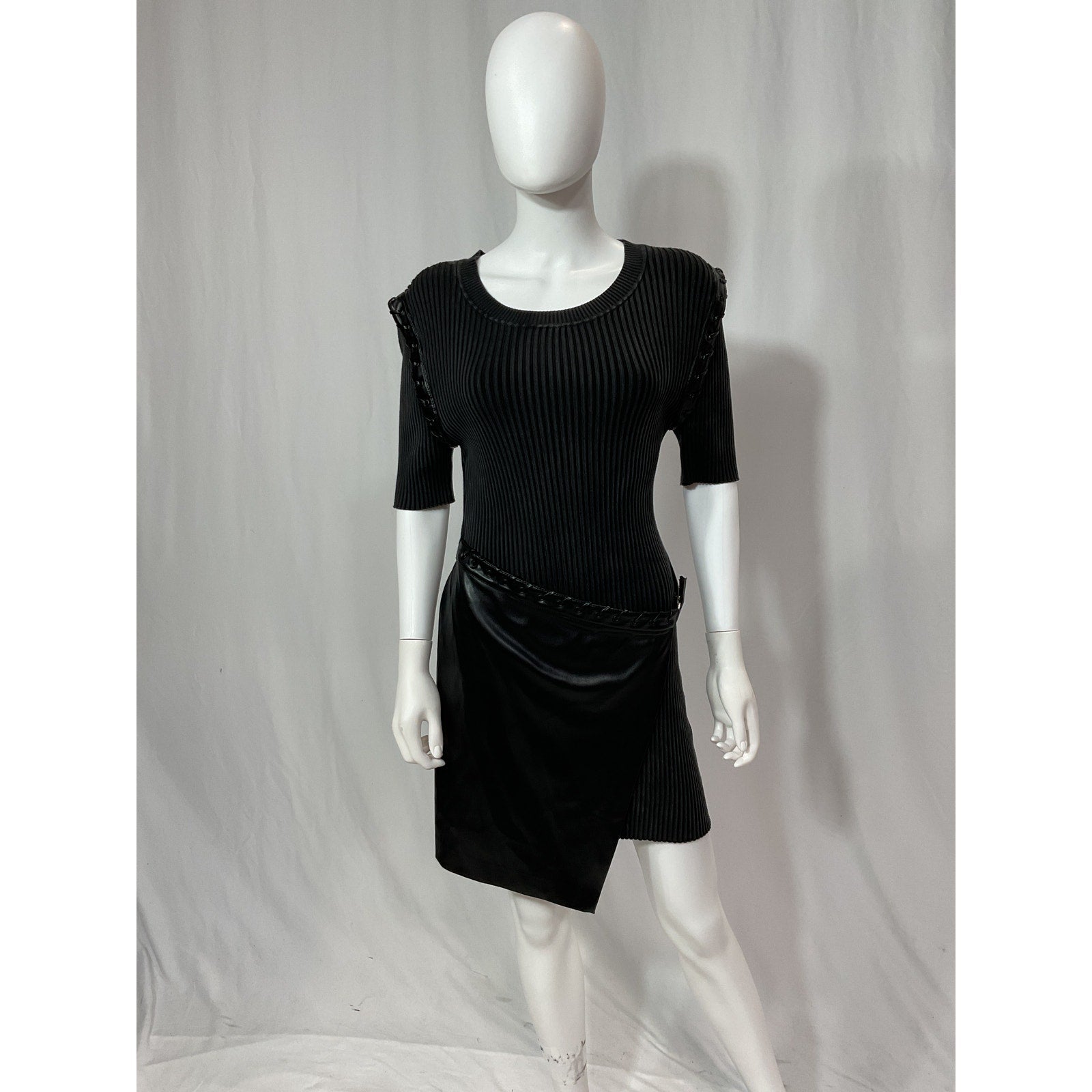 Simkhai 'Gianina' Black Compact Rib Vegan Leather Combo Dress Size L