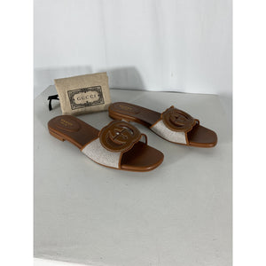 Gucci Interlocking G Brown Leather-Trimmed Slides Size 9