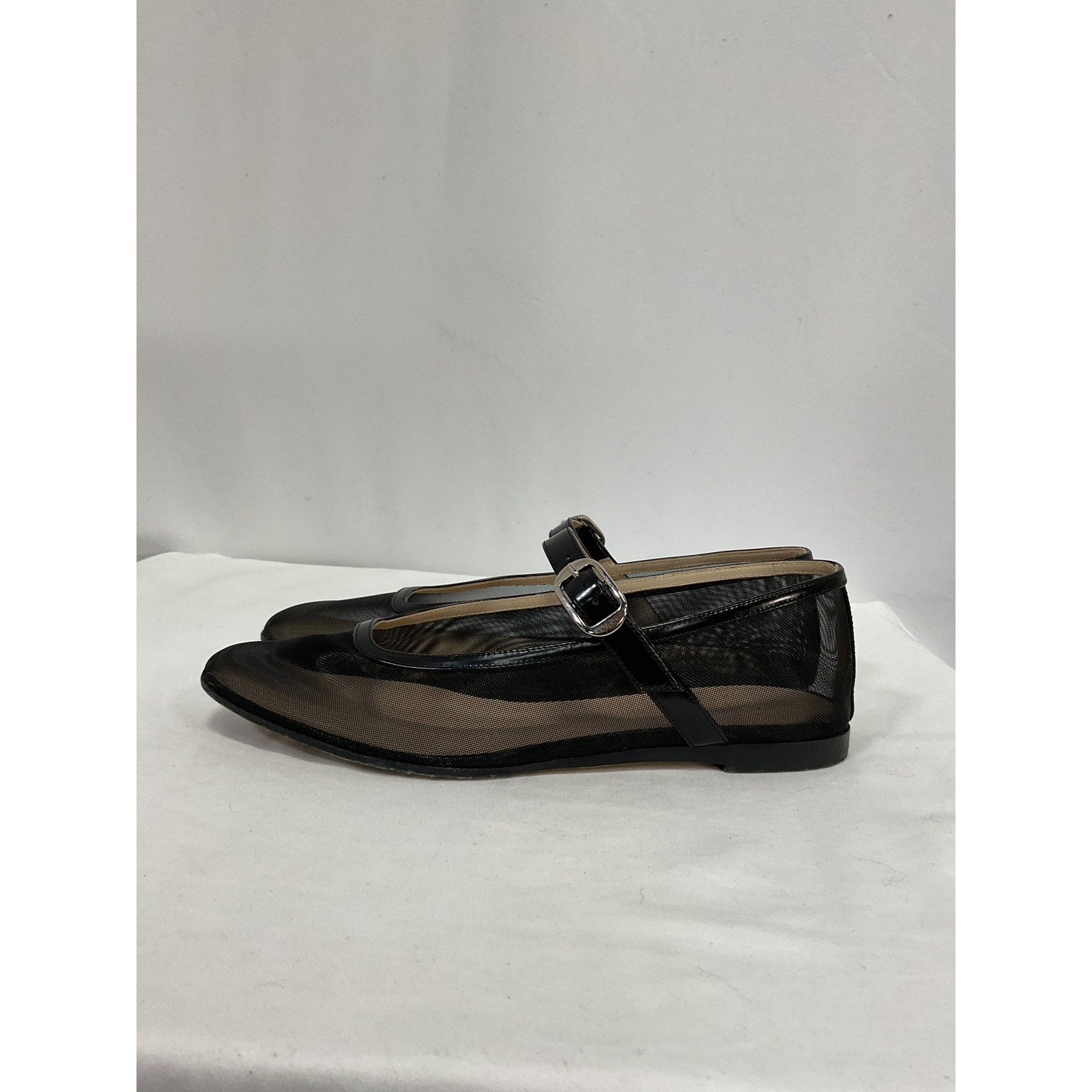 Le Monde Beryl Patent Leather-Trimmed Black Leather Mesh Flats Size 7.5