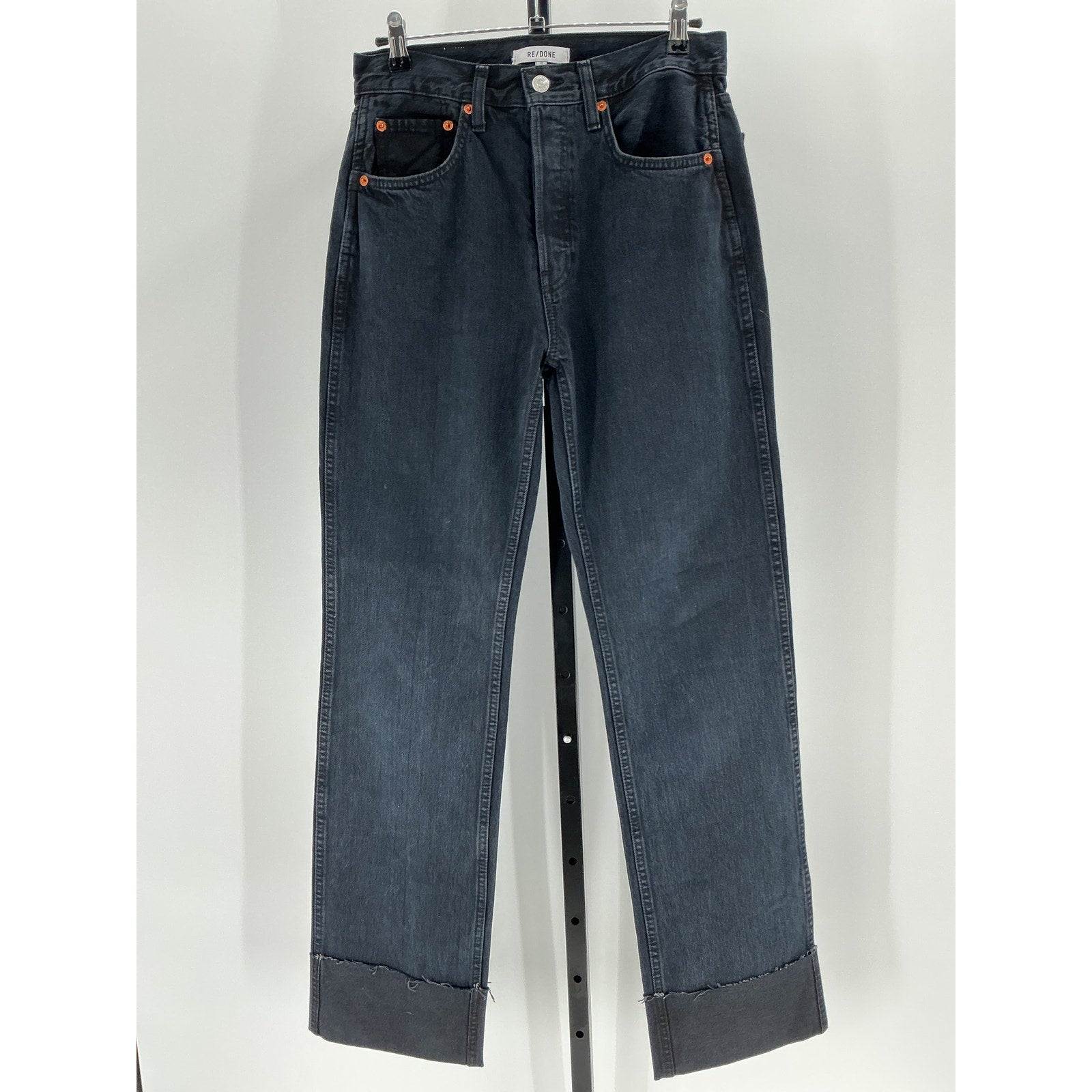 Re/Done High Rise Black Cotton Loose Long Denim Jean Size 27