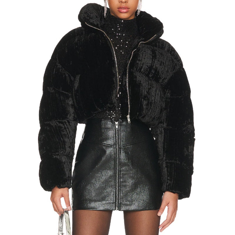 Ronny Kobo 'Sagen' Black Velvet Cropped Puffer Jacket Size S