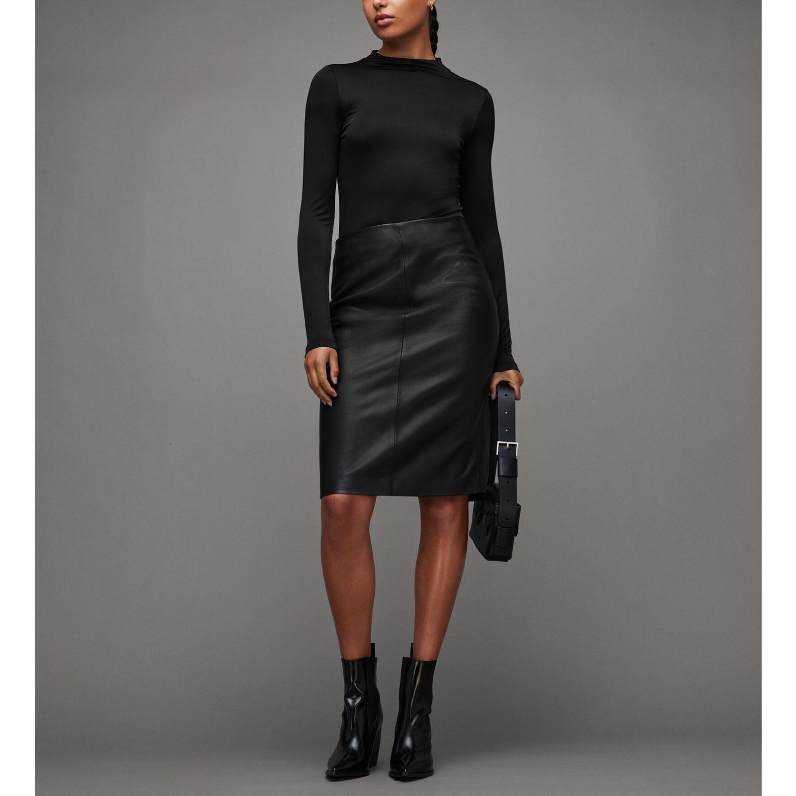 Allsaints 'Lucille' Black Leather Zip Up Midi Pencil Skirt Size 8 - NWT