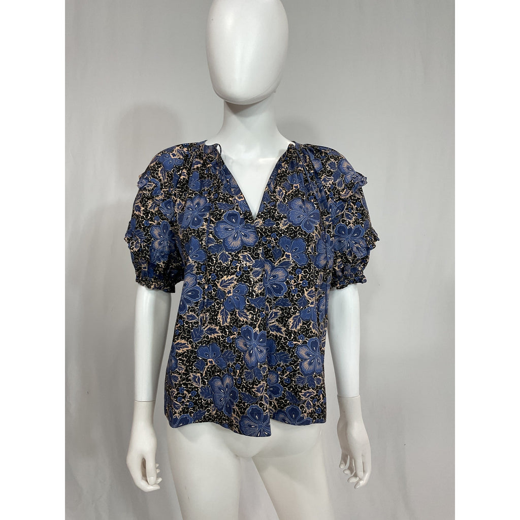 Ulla Johnson Blue Floral Print V-Neck Blouse Size 4