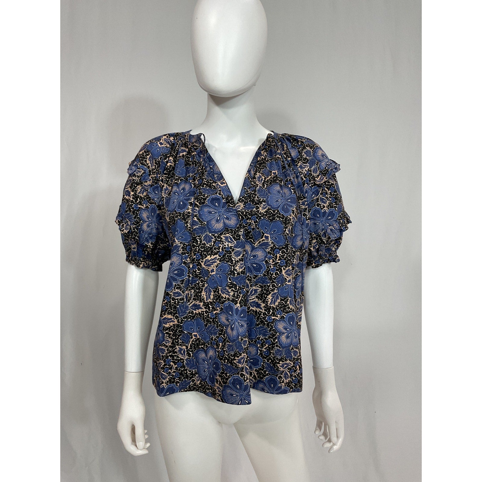 Ulla Johnson Blue Floral Print V-Neck Blouse Size 4