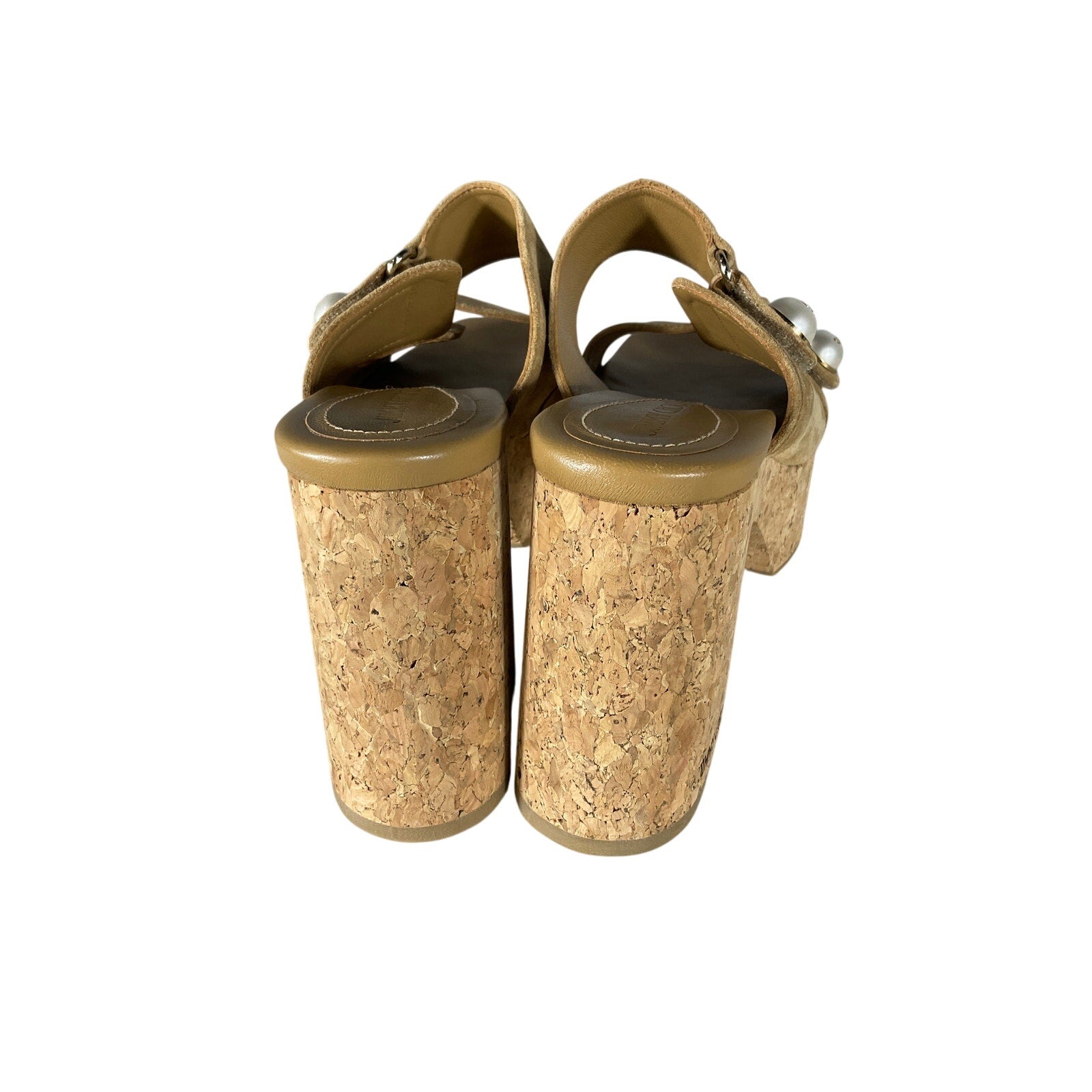 Jimmy Choo 'Fayence' Tan Suede 95 Faux Pearl-Embellished Suede Platform Mules Size 9