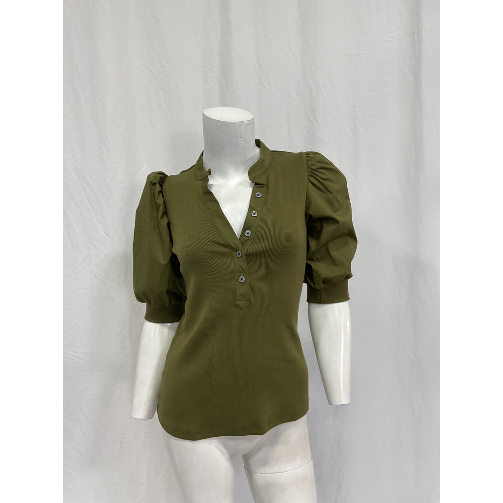 Veronica Beard 'Coralee' Green Cotton Puff-Sleeve Top Size XS