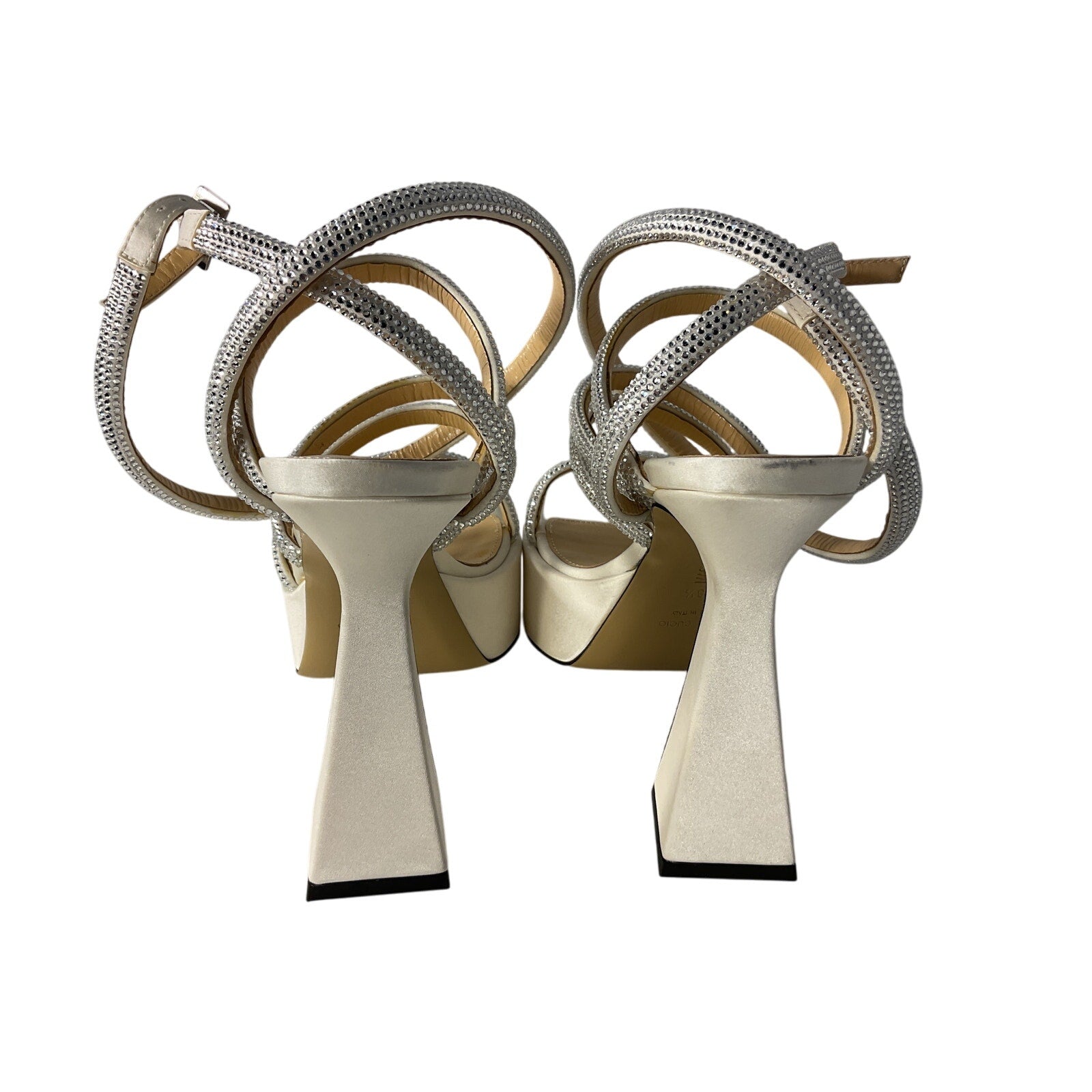 Mach & Mach Crystal-Embellished White Satin Platform Sandals Size 8.5