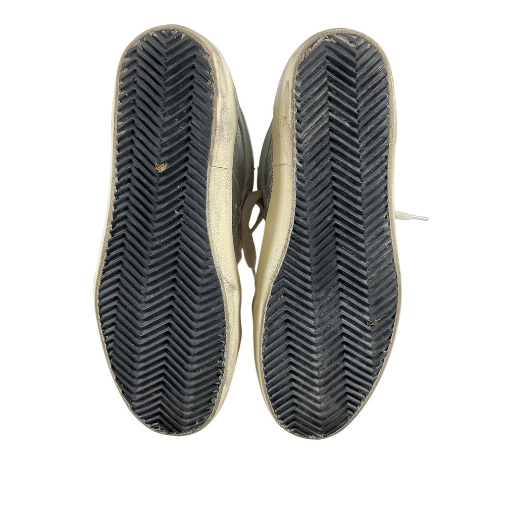 Golden Goose 'Mid Star' Silver Leather Distressed Suede-Trimmed Metallic Snake-Effect Leather Sneakers Size 8