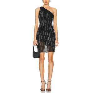 Fleur Du Mal Beaded Black One Shoulder Dangling Stones Dress Size S NWT