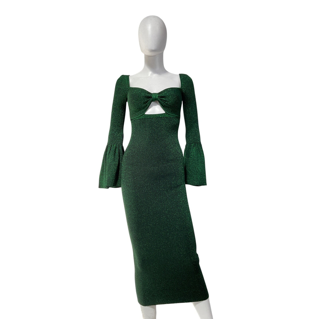 Self-Portrait 'Metallic' Green Polyamide Ribbed Midi Dress Size S