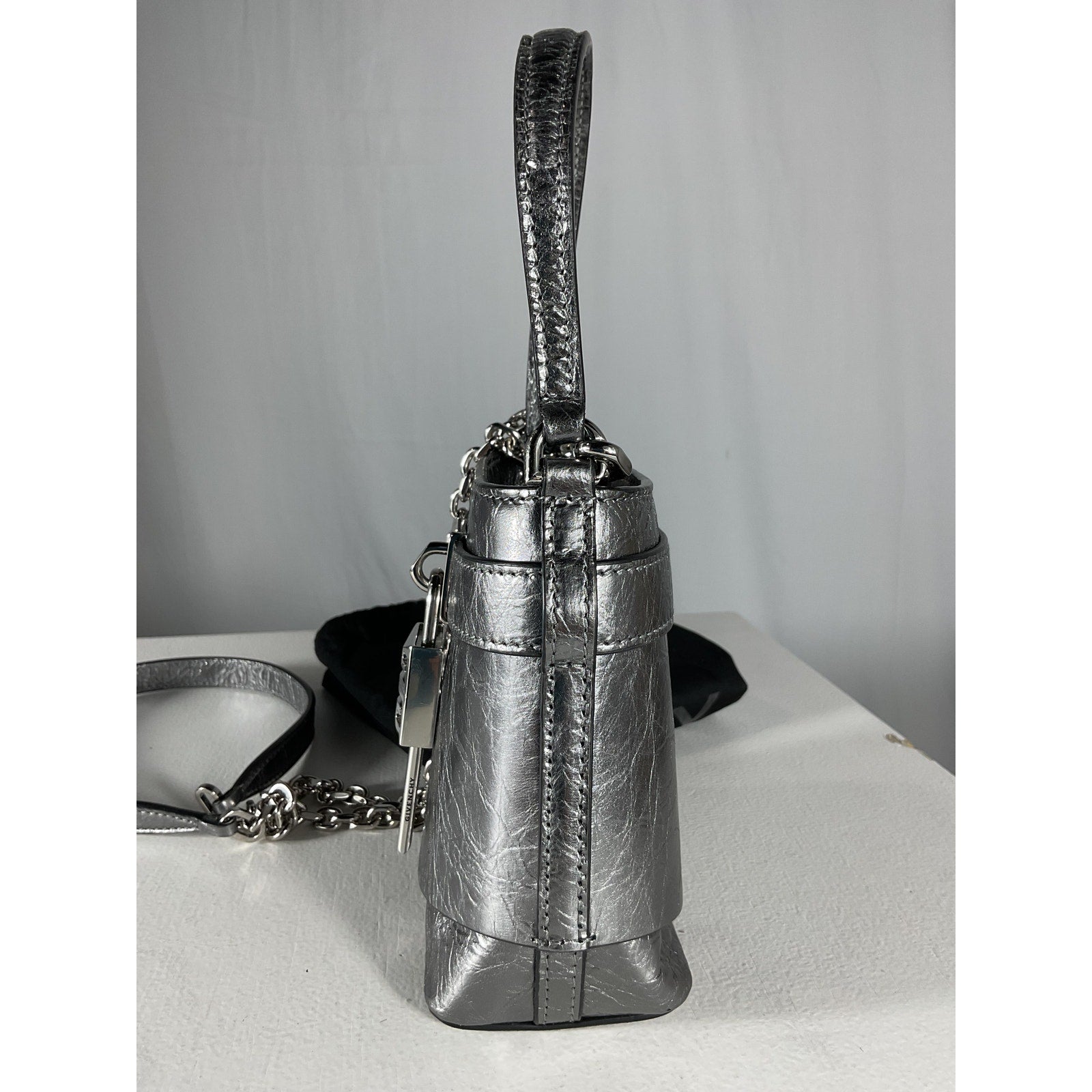 Givenchy 'Micro' Grey Leather Shark Lock Bucket Bag