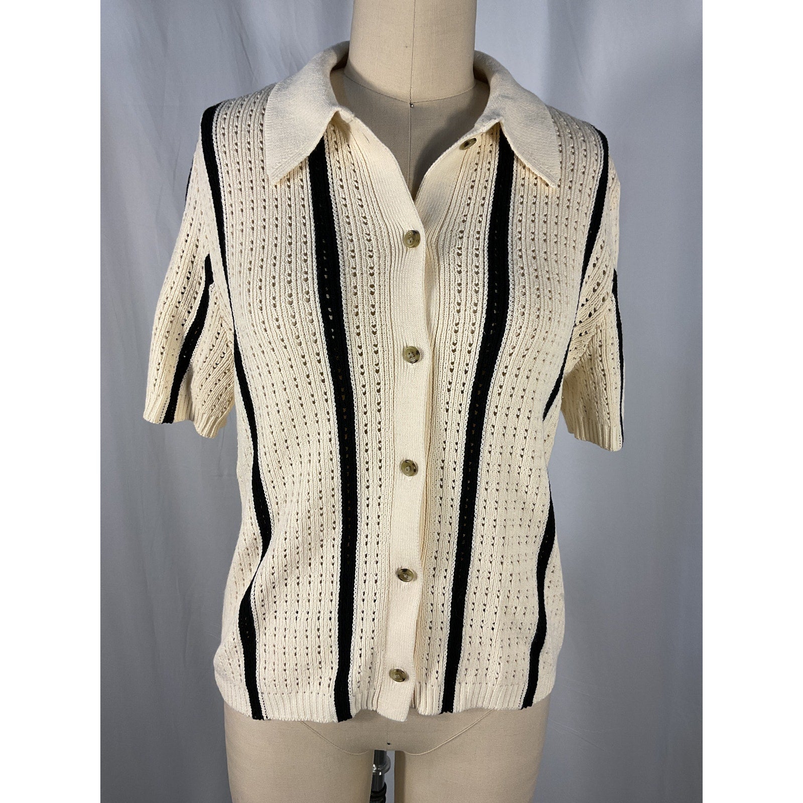 Anine Bing 'Alexis' White Striped Pointelle-Knit Cotton-Blend Top Size L