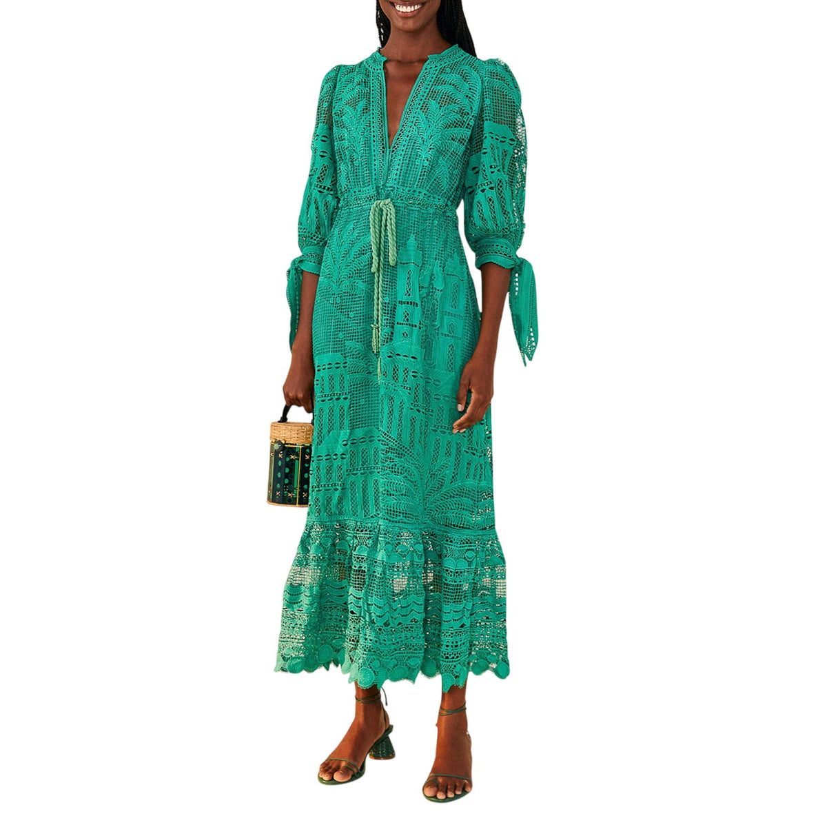 Farm Rio Guipure Green Morada Boa Maxi Dress Size XS
