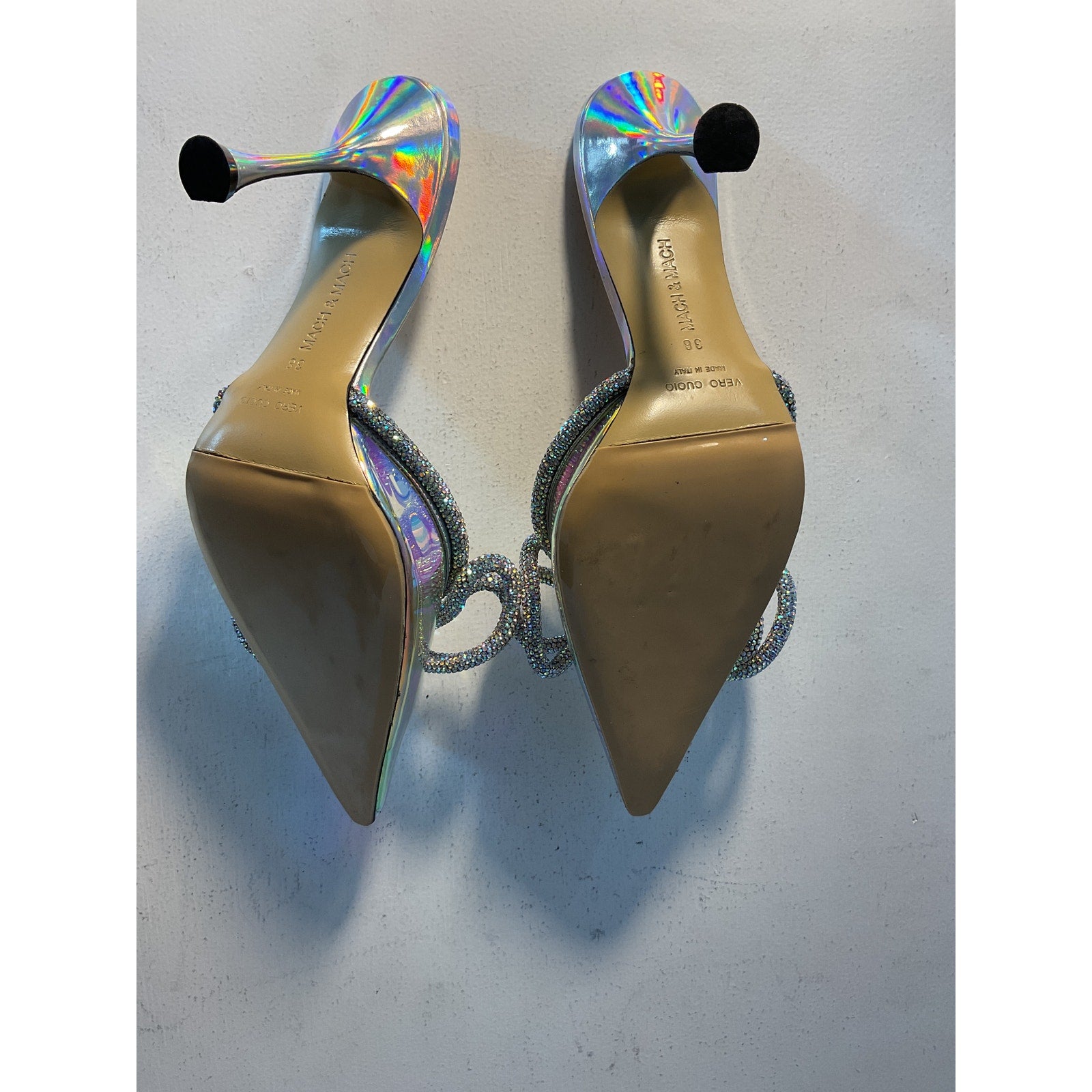 Mach & Mach 'Double-Bow' Silver Crystal-Embellished Leather Size 8